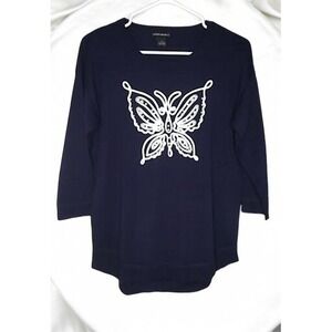 Lauren‎ Michelle Knit Sweater Navy Embroidered Fairy Pearls Butterfly Women's S